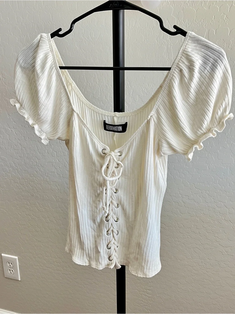 Reformation Cream Ribbed Lace-Up Puff Short Sleeve Top